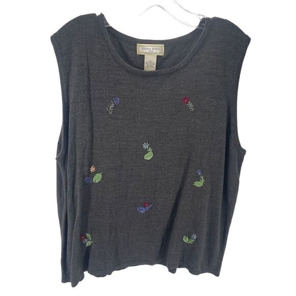 Studio Works Womens Tank Shirt Top Multicolor Floral Embroidered Acrylic Gray 2X - Picture 1 of 10